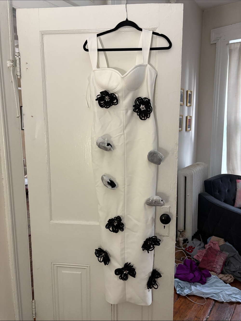 White Maxi Dress with Black Floral Appliqué